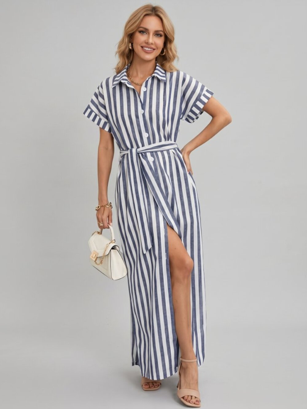 Women’s Blue White Striped Shirt Maxi Dress Belted Button Down Cotton Blend
